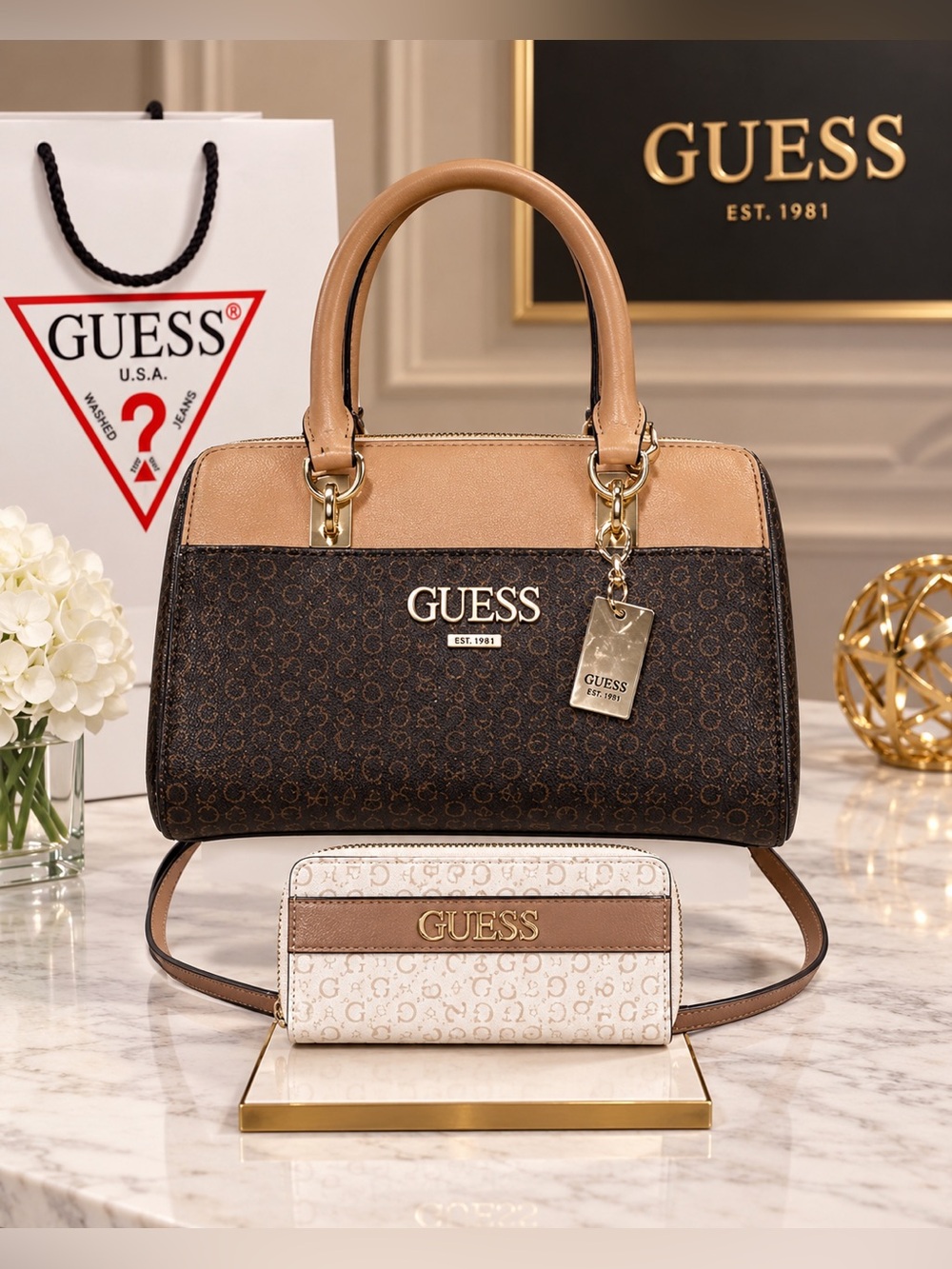 Guess Muze Logo Box Satchel with matching Brooker Logo Zip-Around Wallet.